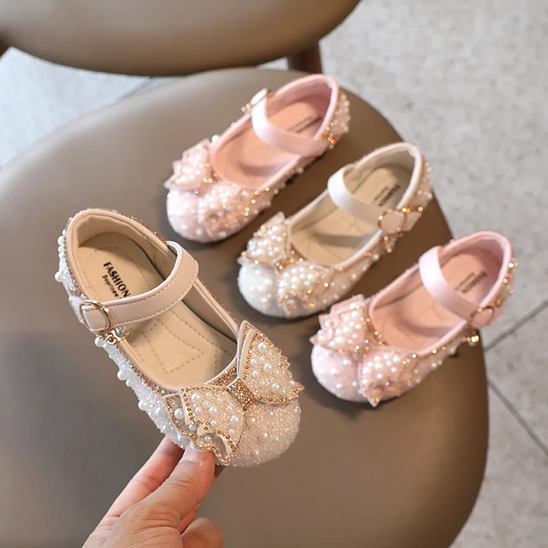 

Children Party Girl Dress Shoes Pearl Leather with Bow-knot for Rhinestone Toddlers Girls Butterfly-knot Kids Mary Janes Flats M