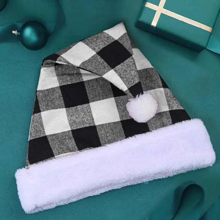 

Pom Santa Hat Christmas Plaid Plush Hat Christmas Party Dress Up Decoration Santa Cap Gift Adult Wholesale