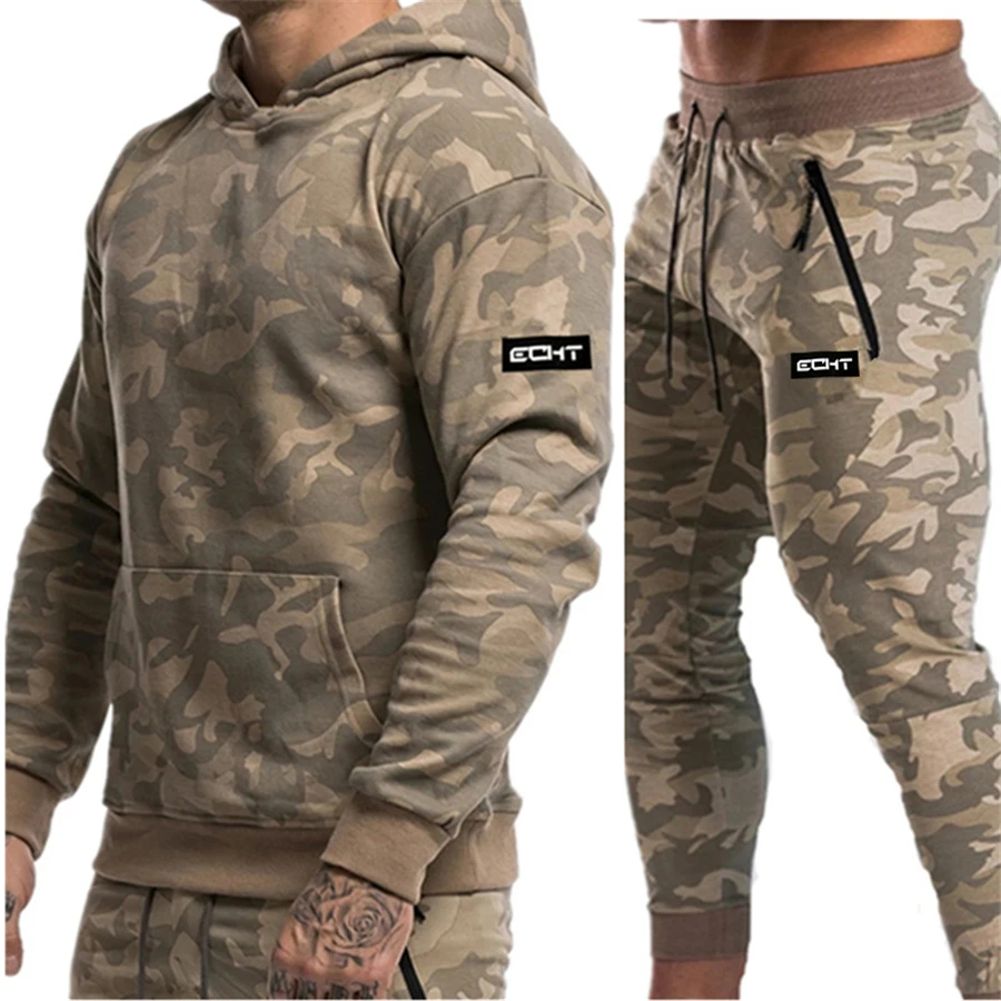 FashionNew Men's Sets Autumn Winter Running Sport Suits Camouflage Hoodies+Pants Sportswear Sets Men Gyms Fitness Tracksuit Male