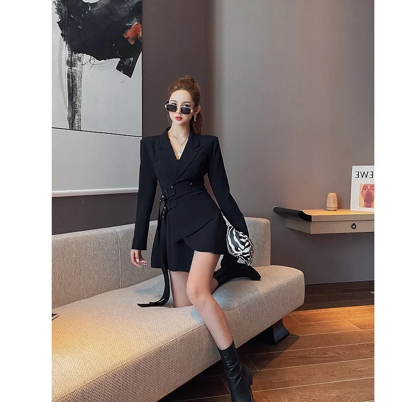 

temperament two piece lace up suit waist dress women's summer 2020 new Korean long sleeve