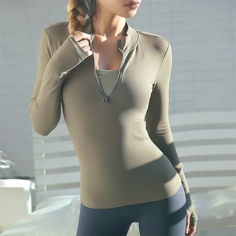 Сексуальный женский топ для йоги Спортивная рубашка на молнии с длинным рукавом