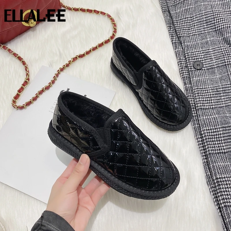 

ELLALEE Plush Lining Casual Slip-On Winter Flat Shoes Round Toe Loafers Female Shallow Leather Soft Non-Slip Warm Shoes