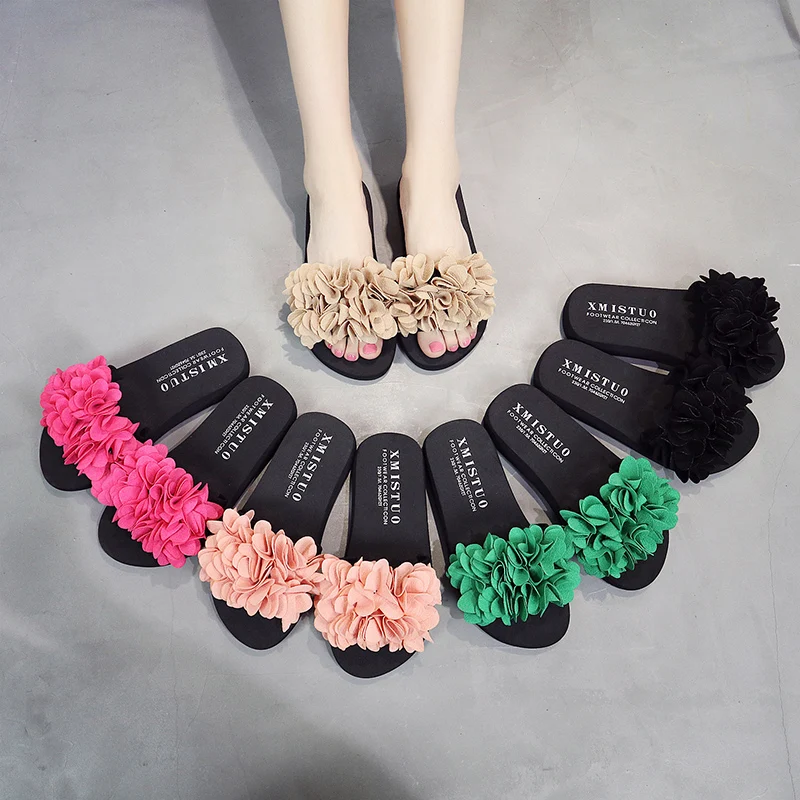 

Шлепанцы с цветами ручной работы, женские летние уличные сандалии на среднем каблуке, шлепанцы, уличные сандалии, 2021