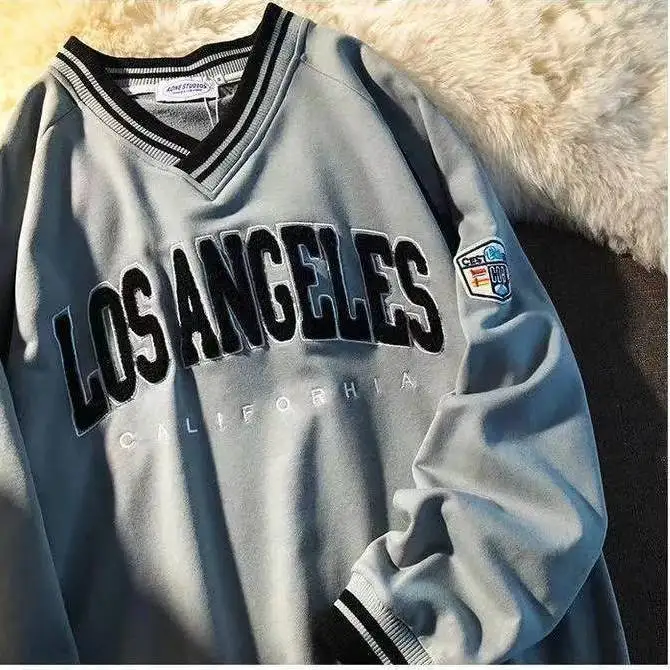 

Gray Retro embroidered sweatshirt harajuku v-neck plus size hoodies Korean style loose lovers letter long-sleeved shirt