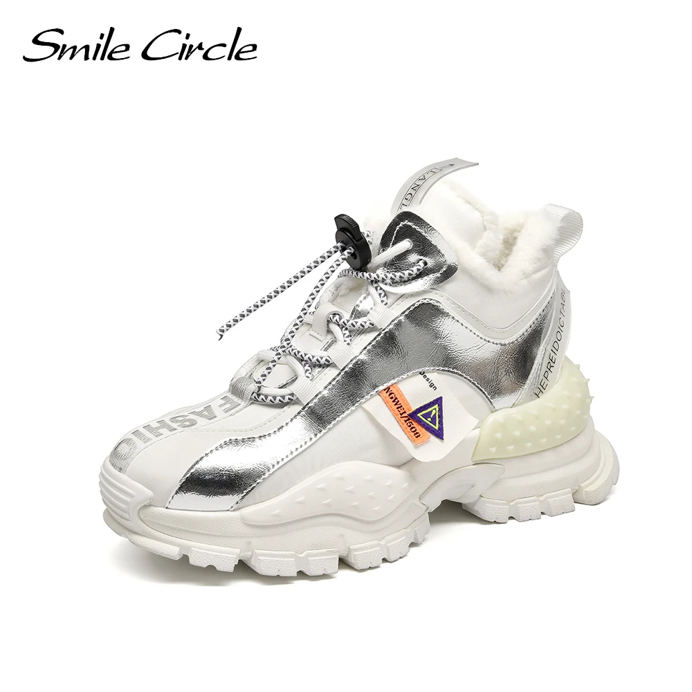 

Smile Circle/женские кроссовки; Обувь на плоской платформе; Зимняя теплая Модная женская обувь из натуральной кожи с высоким берцем на толстой по...