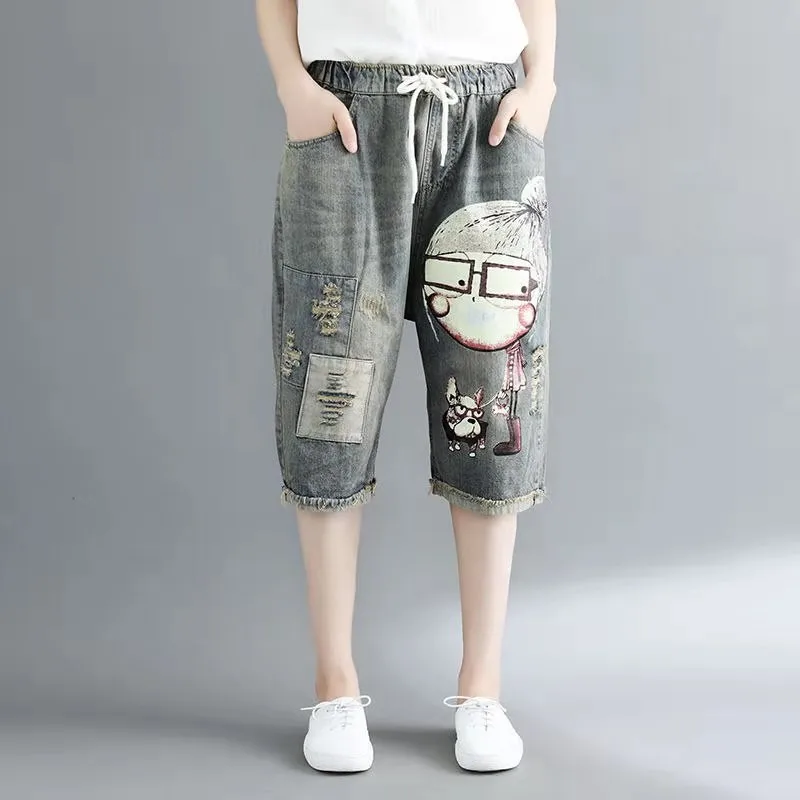 

New Arrival Summer Korean Style Women Loose Casual Elastic Waist Harem Pants Vintga Print Hole Design Cotton Denim Jeans W95