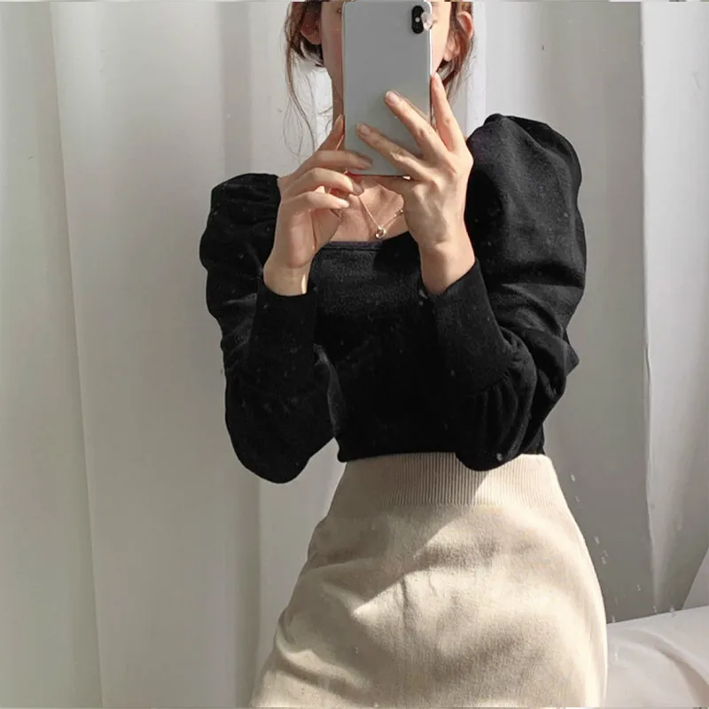 

Autumn Spring 2020 New Chic Square Collar Hollow Out Clavicle T Shirt Slim Fit Pleated Puff Sleeve Solid Blusas Knit Top