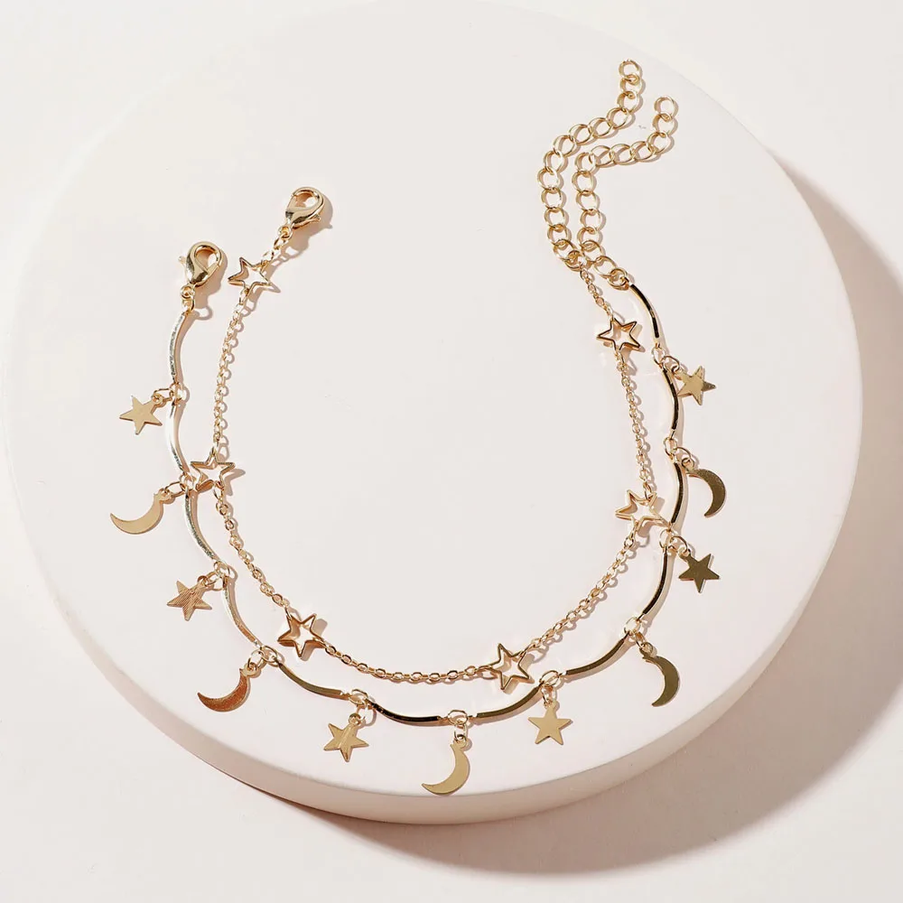 

2 Pieces Women Fashion Dainty Gold Color Copper Chain Ankle Bracelet With Star Moon Charm