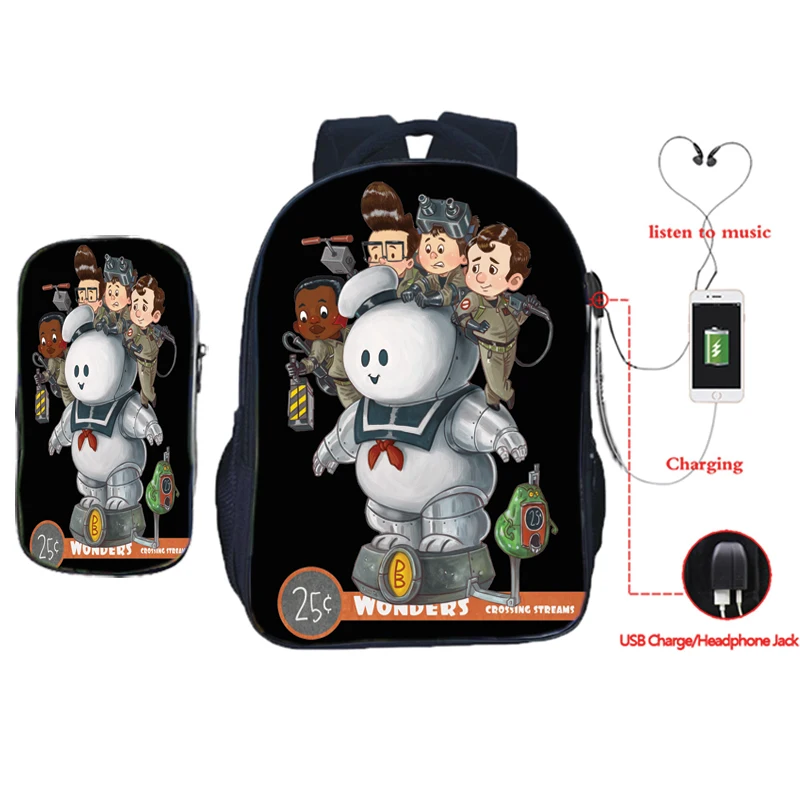 

Kawaii Ghostbusters 2 Pcs/set USB Backpack School Bags for Teenage Girls Boys Daily Backpack Kids Book Bags with Pencil Case