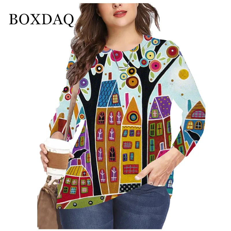 

Oversized Women Clothes 2021 3D Abstract Cartoon House Print T Shirt Long Sleeve Tops Casual Streetwear Autumn Shirt Plus Size