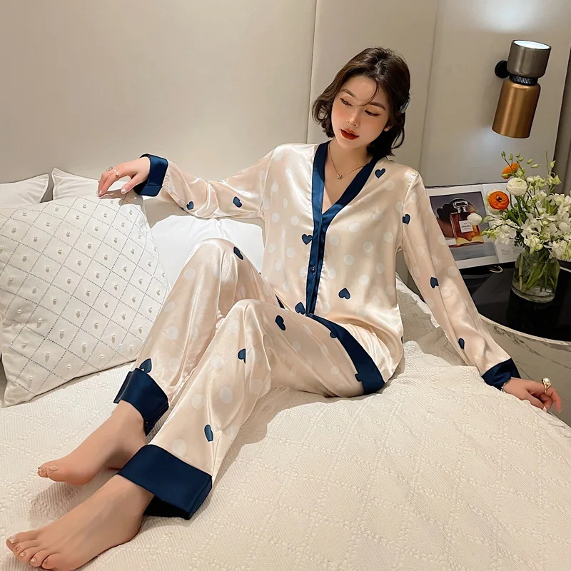 

Fiklyc Women's Pajamas Set V Neck Design Luxury Cross Letter Print Sleepwear Silk Like Home Clothes Nightwear Satin Pyjamas Sets