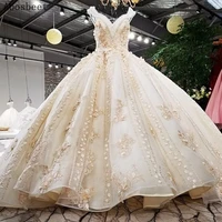 champange ball gown wedding dress 200cm cathedral train v neck 2021 new wedding gown birdal exquisite beading 3d flowers lace