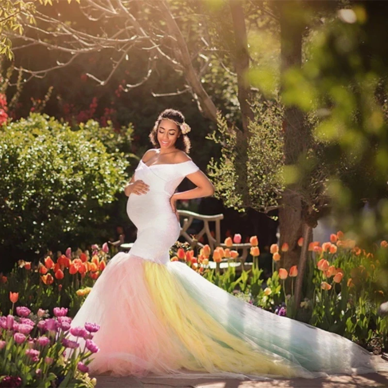 Кружевное платье для беременных фотосессии Радужное Сетчатое длинное макси