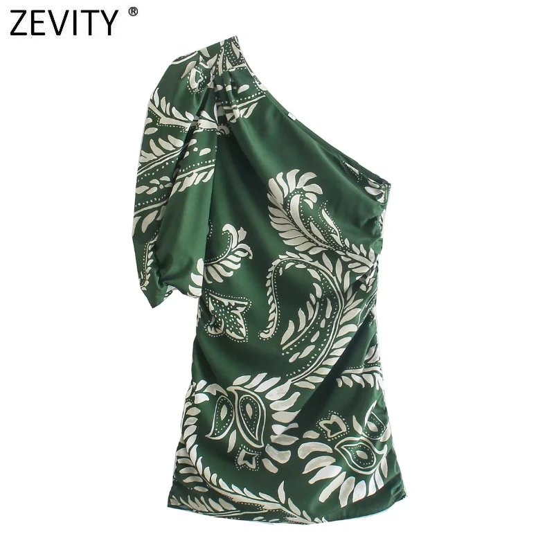 

ZEVITY Women Sexy Single Shoulder Totem Floral Print Asymmetric Slim Dress Female Chic Side Zipper Pleats Design Vestidos DS9067