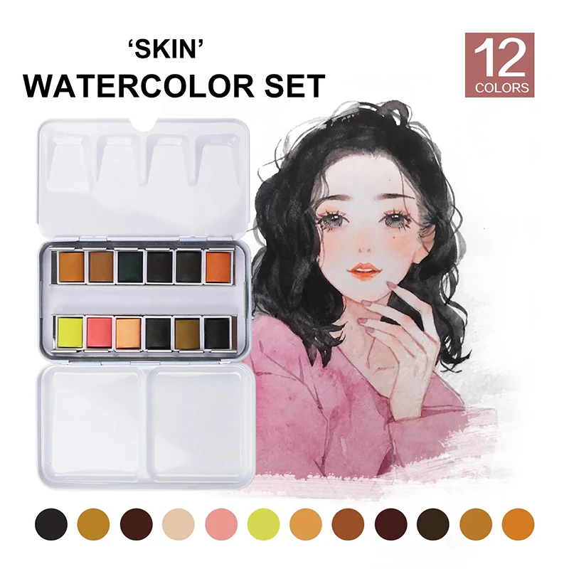 

12 Colors Tin Box Solid Watercolor Skin Water Color Paint for Portraits Drawing