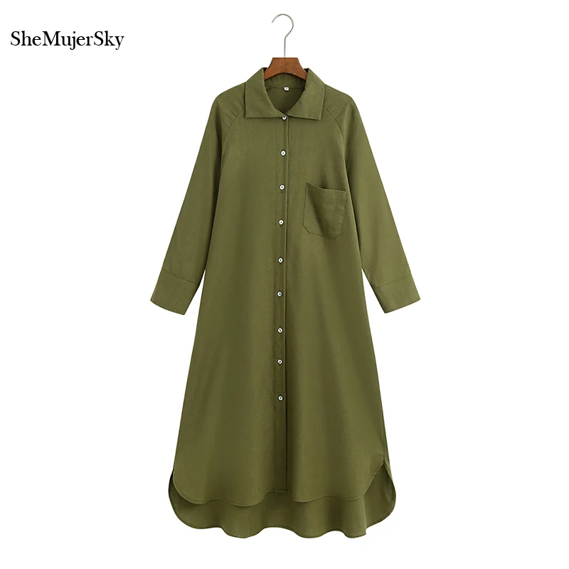 

Женское платье миди SheMujerSky, зеленое платье-рубашка с длинным рукавом и отложным воротником на пуговицах, платье-трапеция 2020