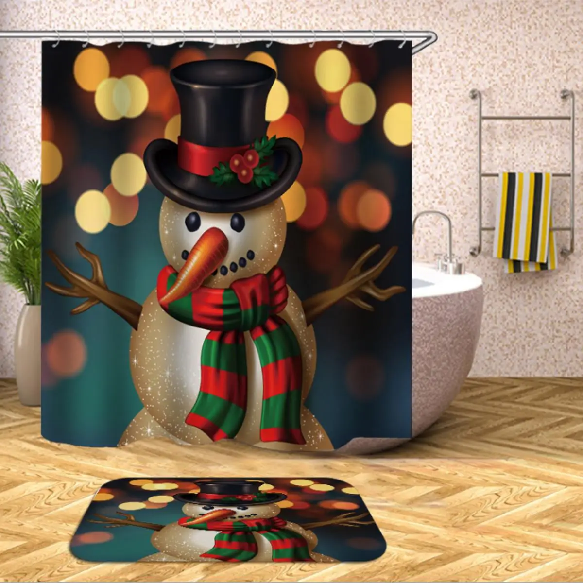

3D Snowmen Door Waterproof Polyester Fabric Shower Curtain with 12 Hooks Bathroom Bath Memory Foam Carpets Floor Mat Home Decor