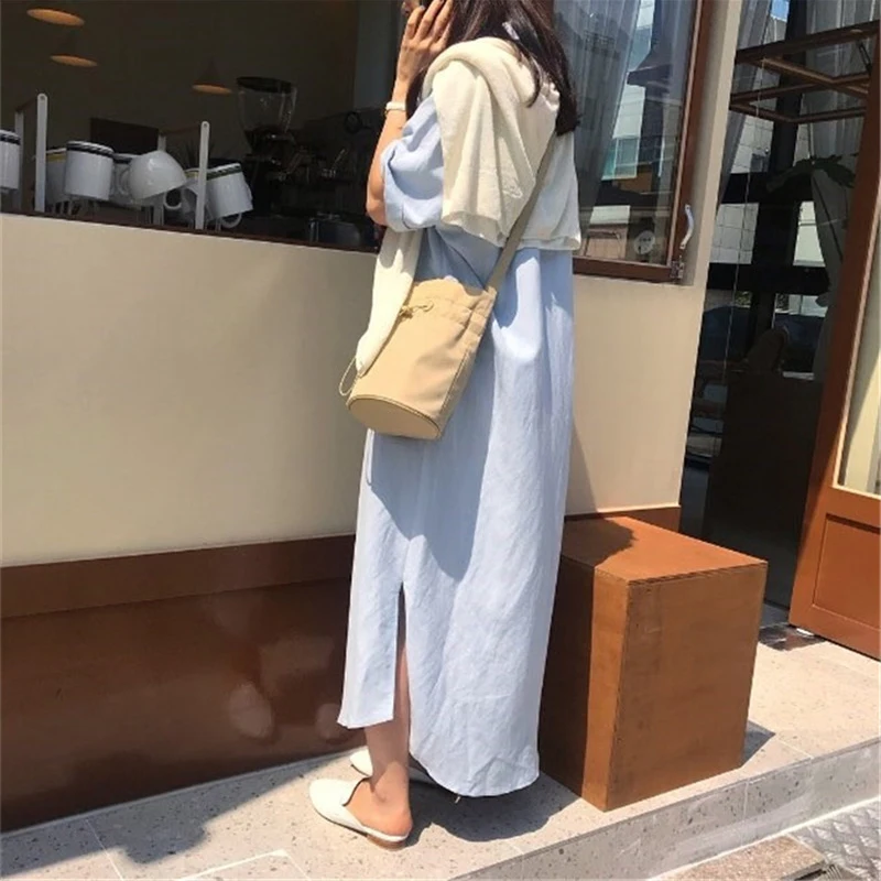

Limiguyue Women Shirt Dress Summer Single Breasted Lace-up Vintage Split Long Dresses Turn-down Collar Short Sleeve Dress K2244