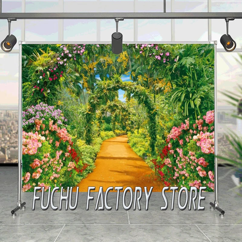 

Natural Backdrops Green Grass Spring Blossom Flower Arch Door Vine Pathway Photography Background Photocall Photo Studio Vinyl