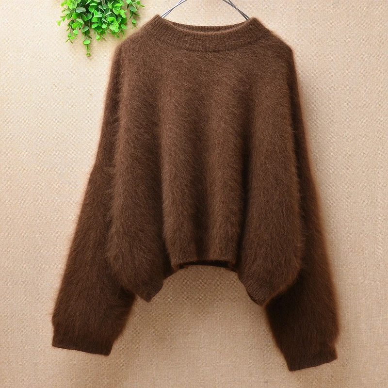

Женский модный пушистый коричневый норковый кашемировый вязаный короткий топ, Свободный пуловер, свитер из ангоры, меховой джемпер, топы