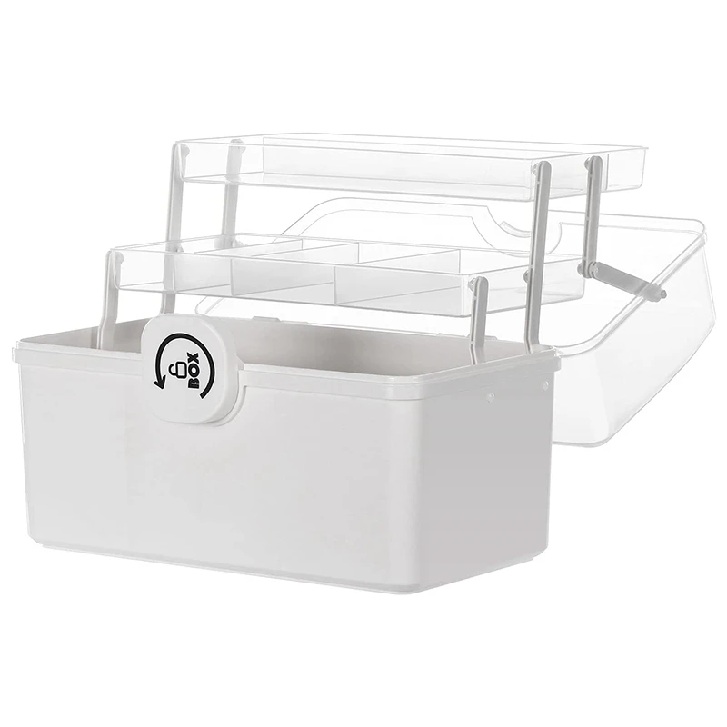 

Plastic Storage Box with 3-Tier Fold Tray,Tool Organizer,Portable Lockable Container