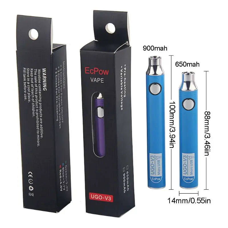 

UGO-V3 Battery USB Charge Batteries with Data Cable for Electronic Cigarette Vape Pen Atomizer 900mAh Capacity
