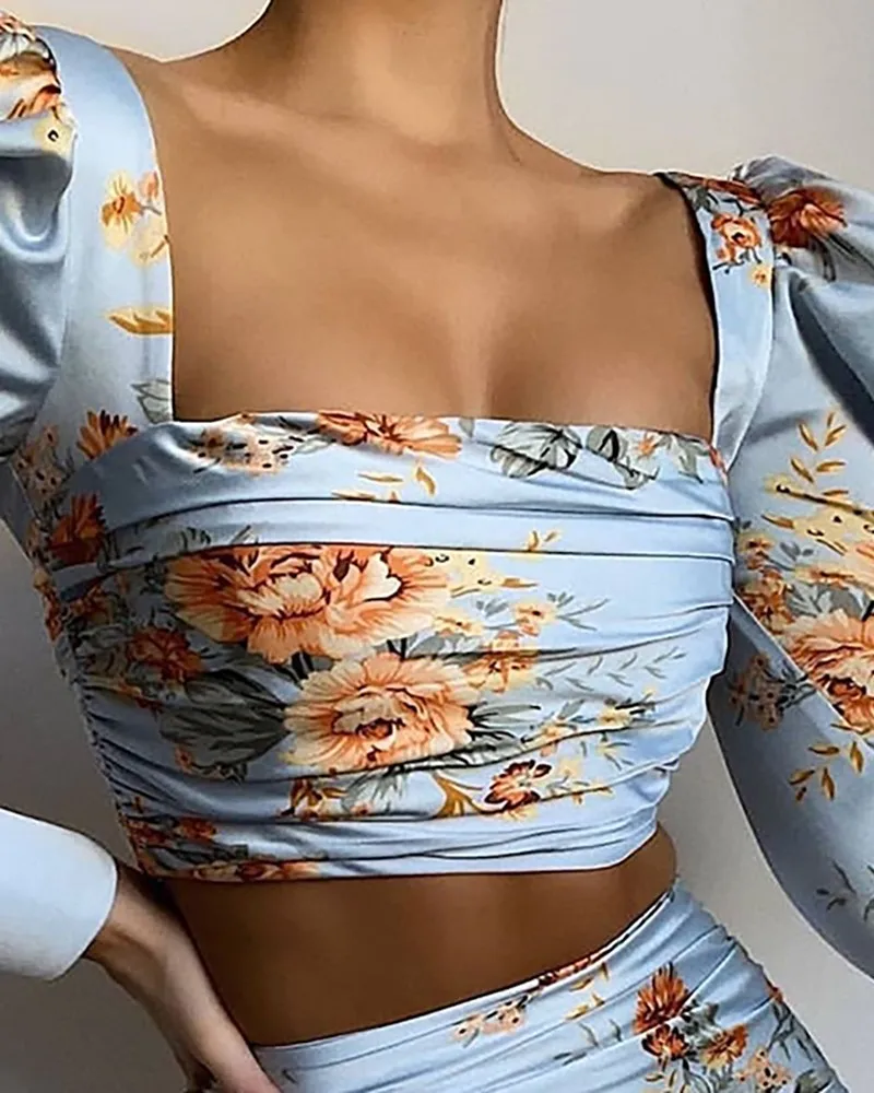 

Women Floral Print long Sleeve Square Collar Crop Top & Ruffles Skirt Sets Two Piece Set