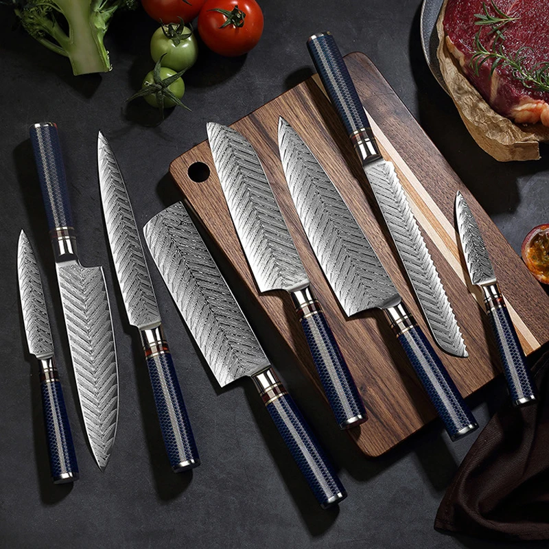 

Kitchen Knife 10 Piece Set Sharp Chef Knife Damascus Steel Meat Cleaver Peeling Blue Resin Honeycomb Home Kitchen Cooking Tools