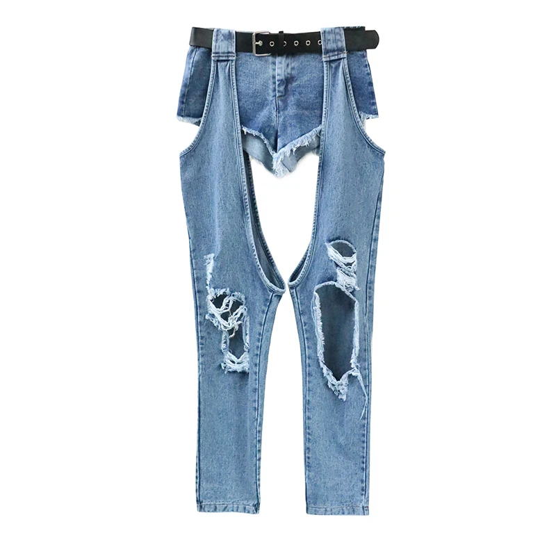 

Street Fashion Hollow Out High Waisted Jeans Personality Casual Detachable Two Wear Harem Pants 2021 Spring Clothing