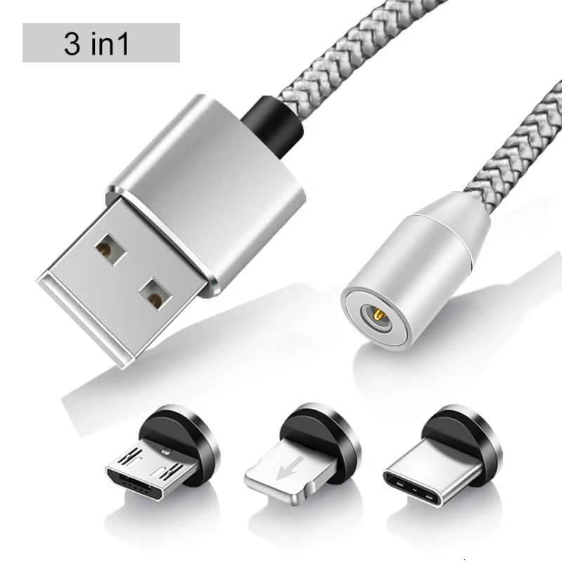 Silver Cable 3 in 1 Elough Магнитный зарядный Micro USB кабель зарядное устройство для iPhone Xiaomi Мобильный телефон Магнит USB зарядное устройство Тип C кабель Шнур El360 - Цвет: Silver Cable 3 in 1