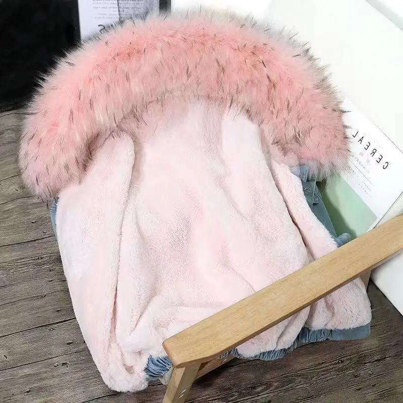 

NEW Winter Women Denim Fur Hooded Coat streetwear Lady Casual Jackets Parka Female Single Breasted Outwear