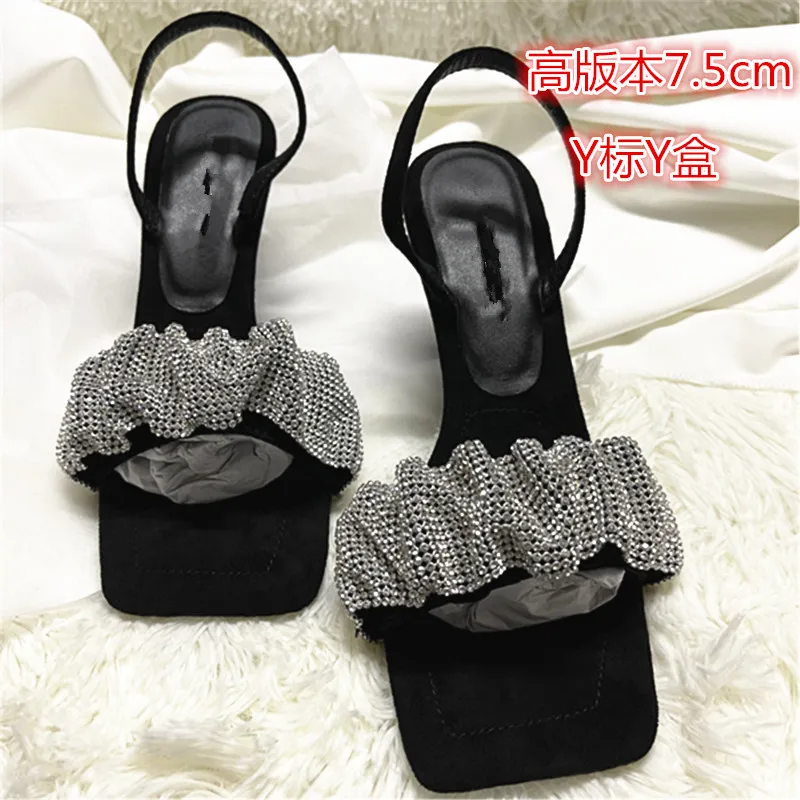 

2021 summer new product AW King Rhinestone word with square toe open toe stiletto high heel black sandals