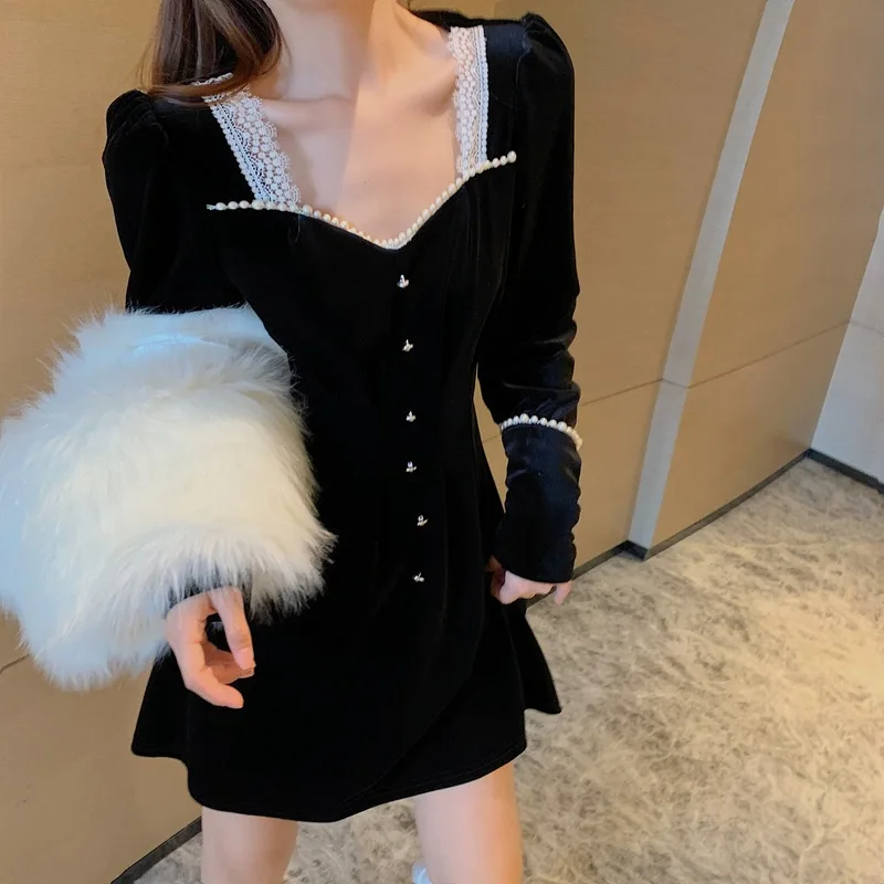 

KUSAHIKI Vintage Square Collar Women Dress Korean Patchwork Long Sleeve Slim Waist A-line Vestidos Femme Elegant Dresses 6E800