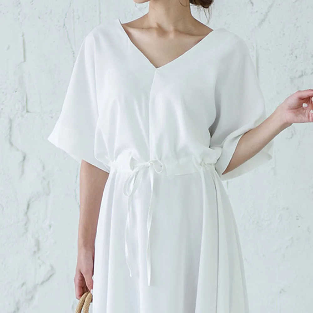 

Japan Style Dress 2021 Women's V-neck Big Swing Dress Casual Female Summer Short Sleeve Hot Women Dresses Drawstring Women