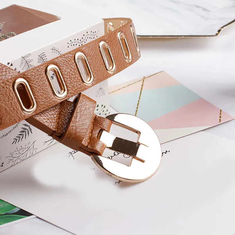 

Women Belt Adjustable Hole Waist Belt Personality Hollow Out Casual Gold Grommet Waistband Pin Buckle PU Leather Punk Rock Belts