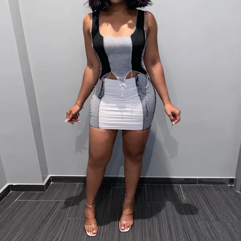 

Summer New Patchwork Distressed Sexy Tassel Sleeveless Short Dress For Women Slim U Neck High Waist Hollow Out Dress