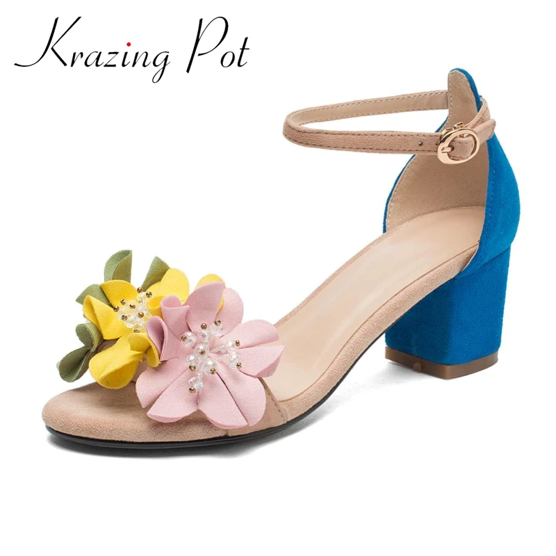 

Krazing pot big size sheep suede square toe med heels flowers mixed colors open toe mules sweet buckle straps women sandals L21