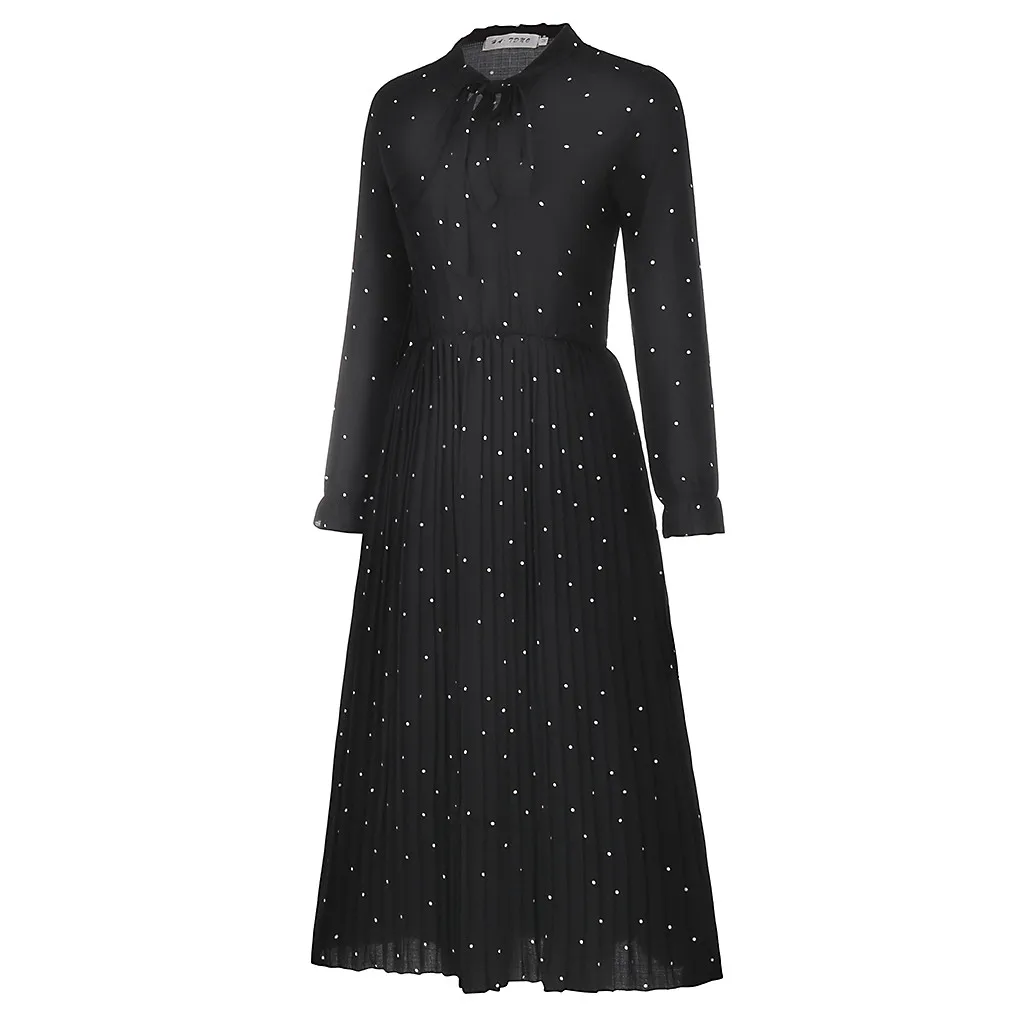 Женское весеннее платье с круглым вырезом и длинным рукавом черное шифоновое в