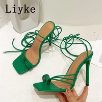 liyke 2022 new black white women sandals hollow cross tied lace up heels fashion clip toe narrow band stiletto dress shoes pumps