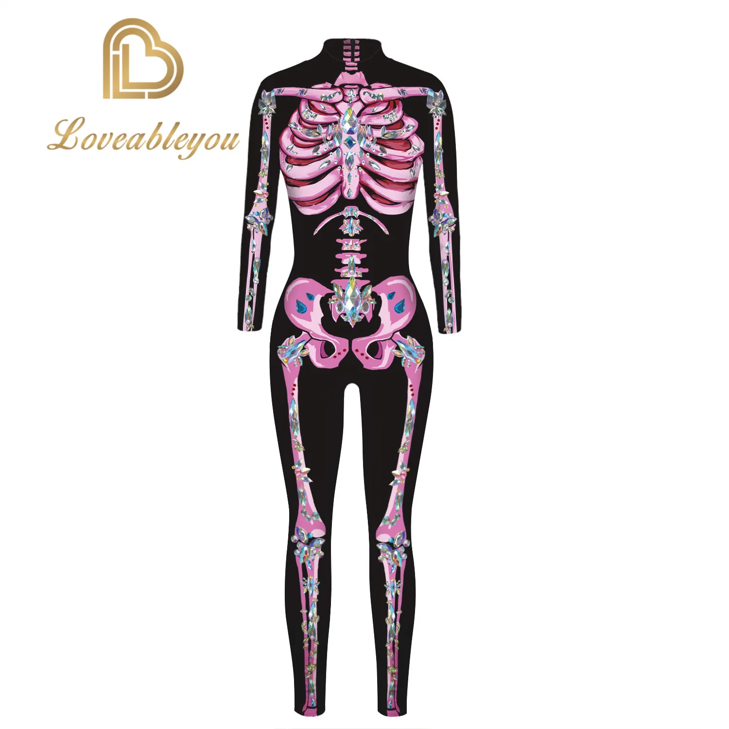 Новый 3D с принтом (розы) Костюм скелета комбинезон Хэллоуин костюмы для женщин