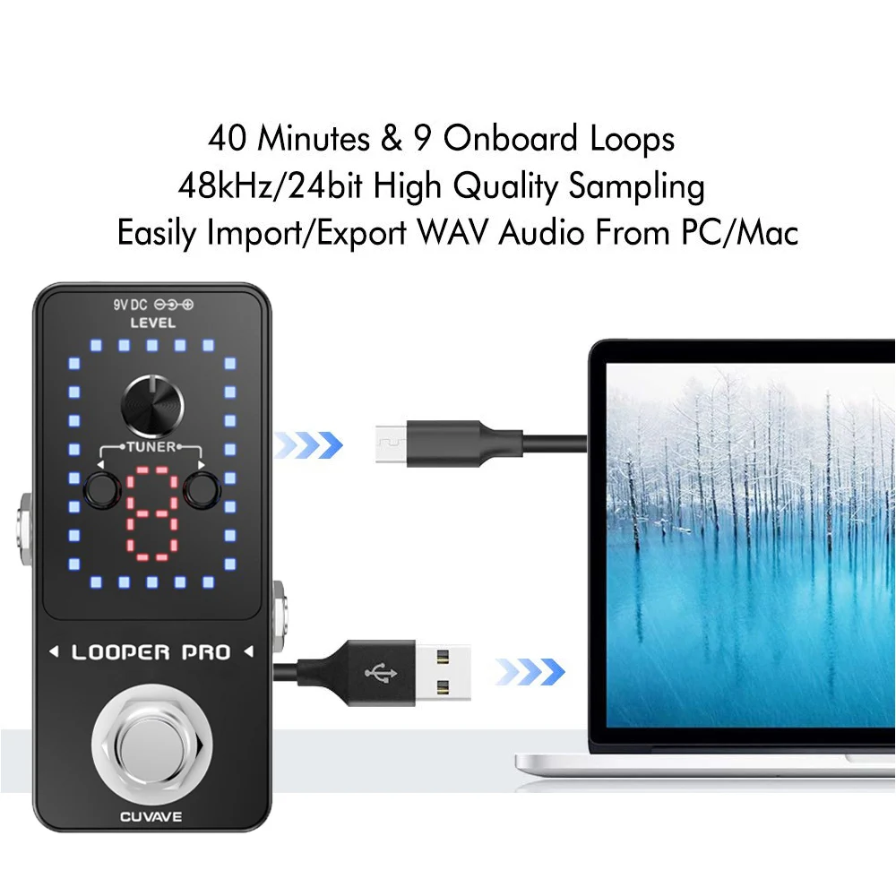 CUVAVE LOOPER PRO Guitar Loop Pedal 9 Loops Total 40 Minutes Recording Time Unlimited Overdubs With Tuner Function |