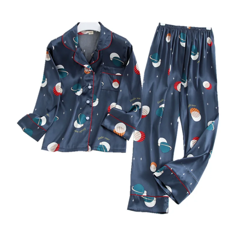 

Green Couple 2PC Pajamas Set Satin Print Nightwear Long Sleeve Sleepwear Turn-down Collar Shirt&Pant Sleepwear Autumn Home Wear