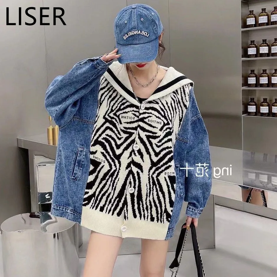 

Autumn Fashion Navy Collar Knitted Stitching Denim Coat Women 2021 New Striped Printed Single Breasted Cardigan Jacket LL382