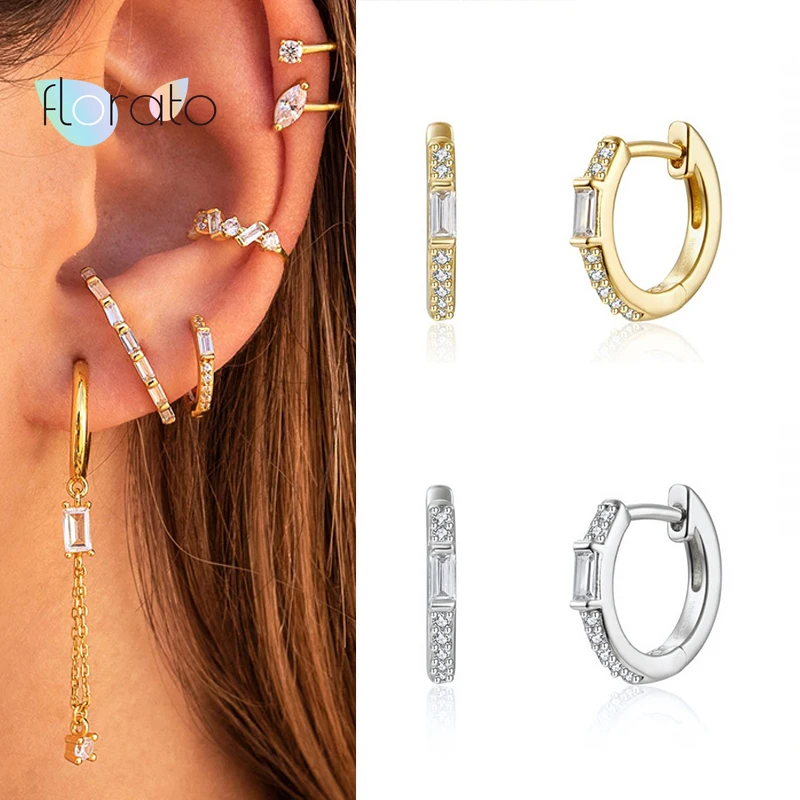 

925 Sterling Silver Ear Buckle Pave CZ Huggie Hoop Earrings For Women White Crystal Charm Earrings Gold Hoops Wedding jewelry