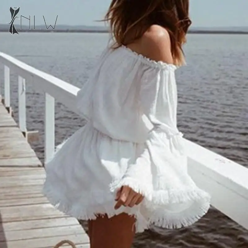 NLW белое кружевное платье с открытыми плечами 2019 женское осенне зимнее короткое
