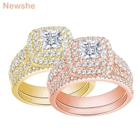 newshe rose yellow gold wedding ring set for women halo princess cross cut cz 925 sterling silver engagement rings