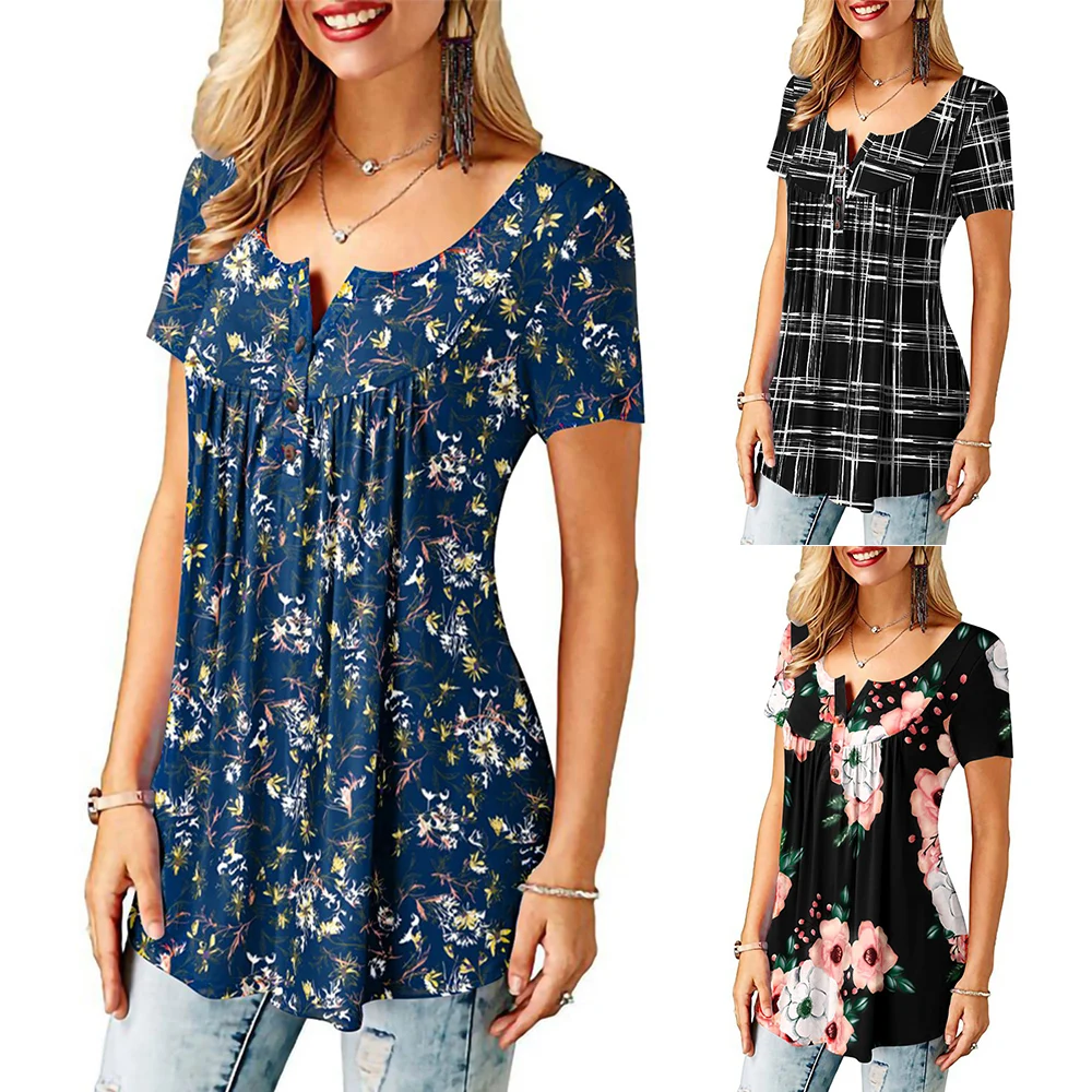 Клетчатая Футболка с принтом женская футболка цветочным и пуговицами короткими