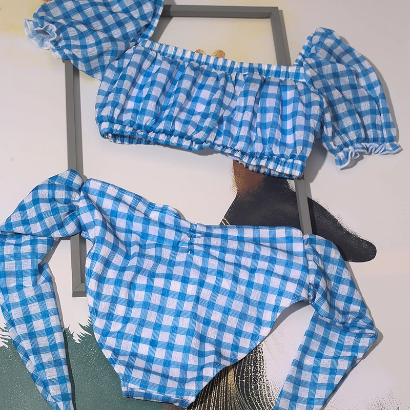

2021 Gingham Swimsuit Two Pieces New Swimwear Square Neck Puff Sleeves Retro Boho Style Leisure Swimming Bathing Beach Wear