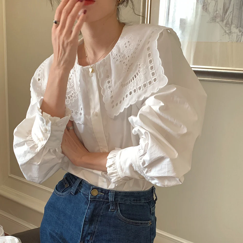 

Alien Kitty White Girls Spring Women Shirts Hollow Out Embroidery 2022 Chic Stylish Ruffles Sweet High Street Hot Blouses Mujer