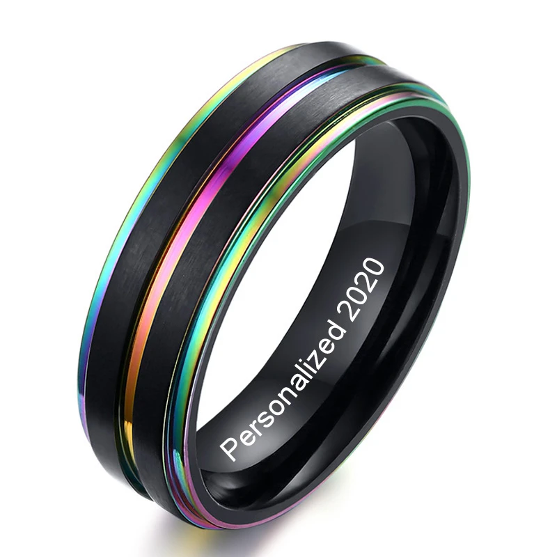Персонализированное черное кольцо из нержавеющей стали с радугой для мужчин